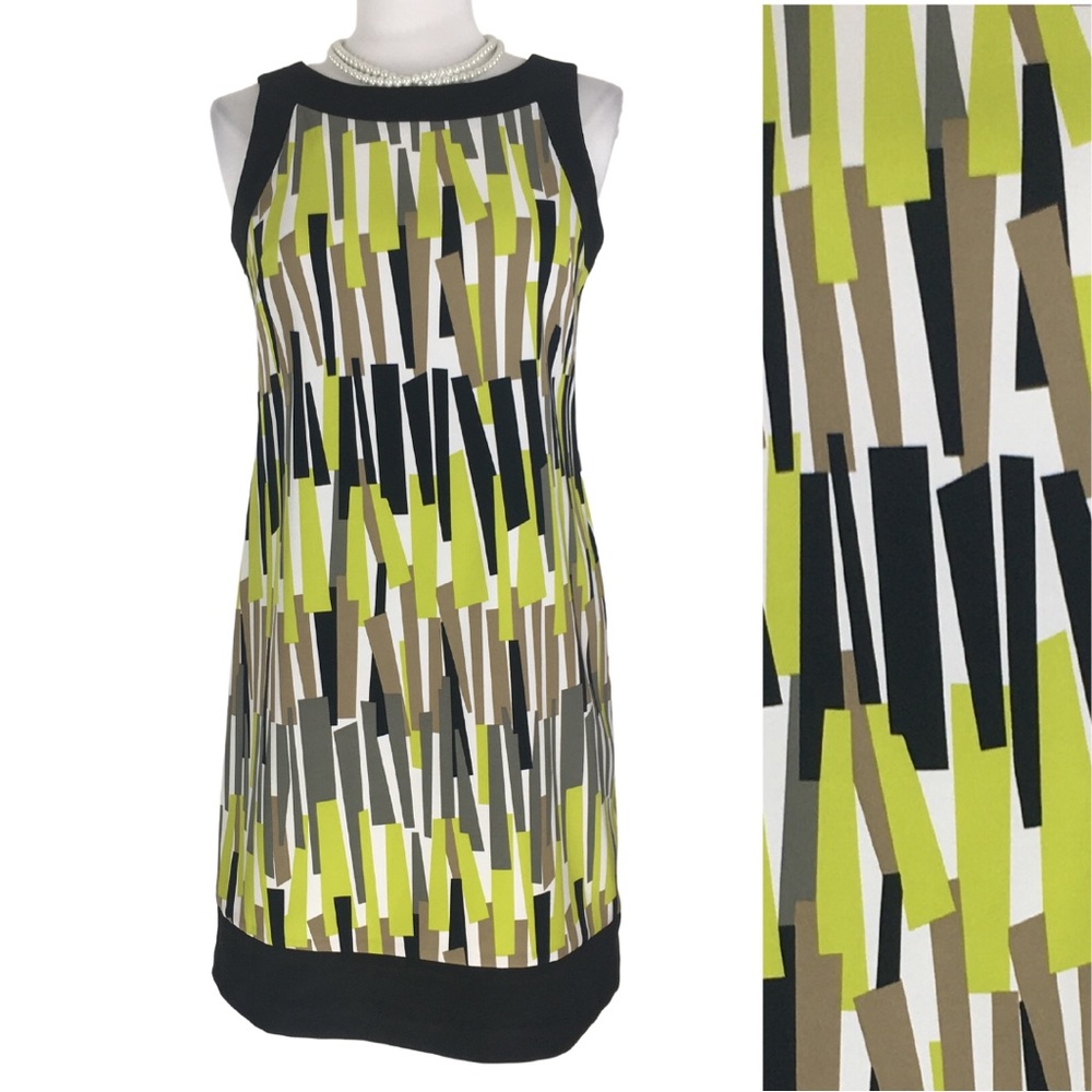 Jessica Howard Sleeveless Green Black White Brown Geometric Shift Dress sz 6